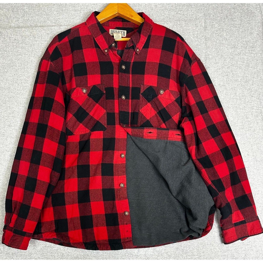 Duluth Flannel Shirt Jacket XL Red Black Thermal Lined Buffalo Plaid Pockets